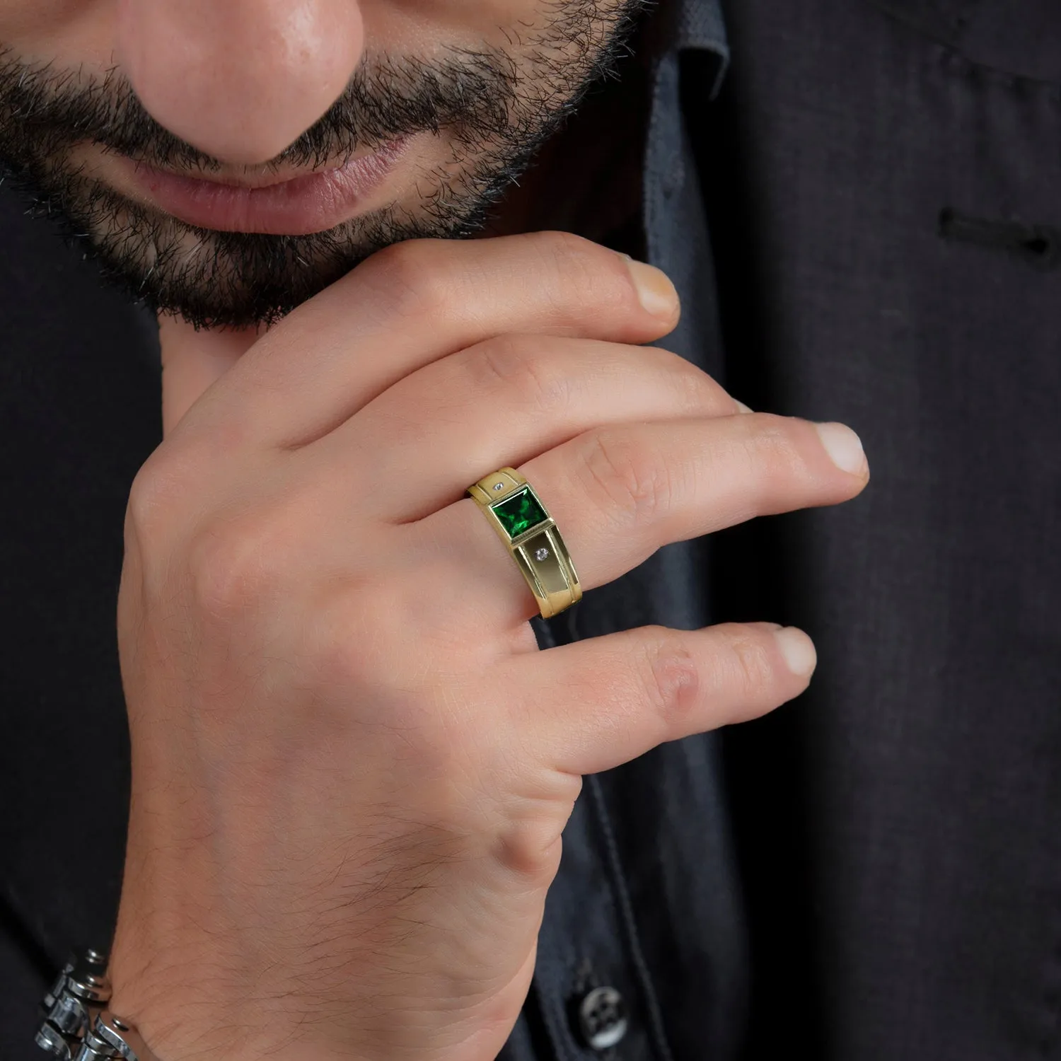 Male Gold Plated Ring 6 mm Square Emerald and 2 Natural Diamonds Classic Luxury Design