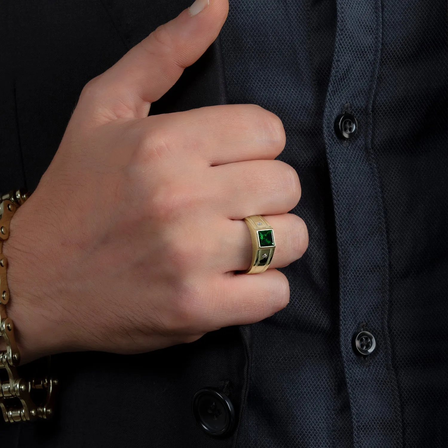 Male Gold Plated Ring 6 mm Square Emerald and 2 Natural Diamonds Classic Luxury Design