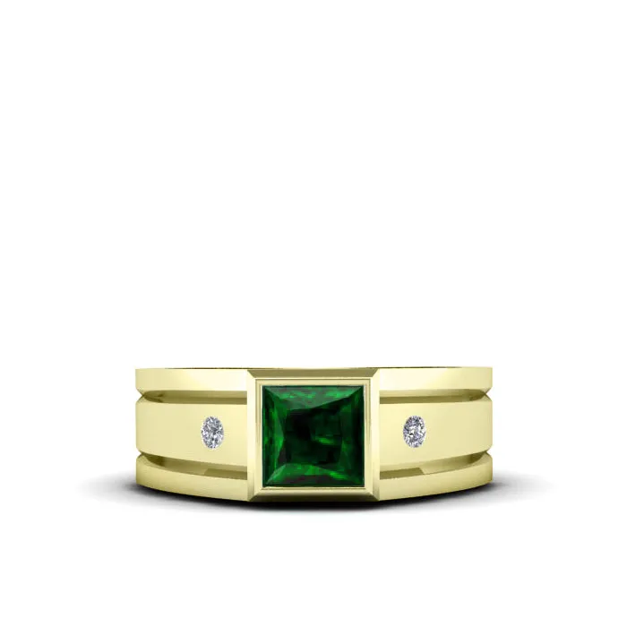 Male Gold Plated Ring 6 mm Square Emerald and 2 Natural Diamonds Classic Luxury Design