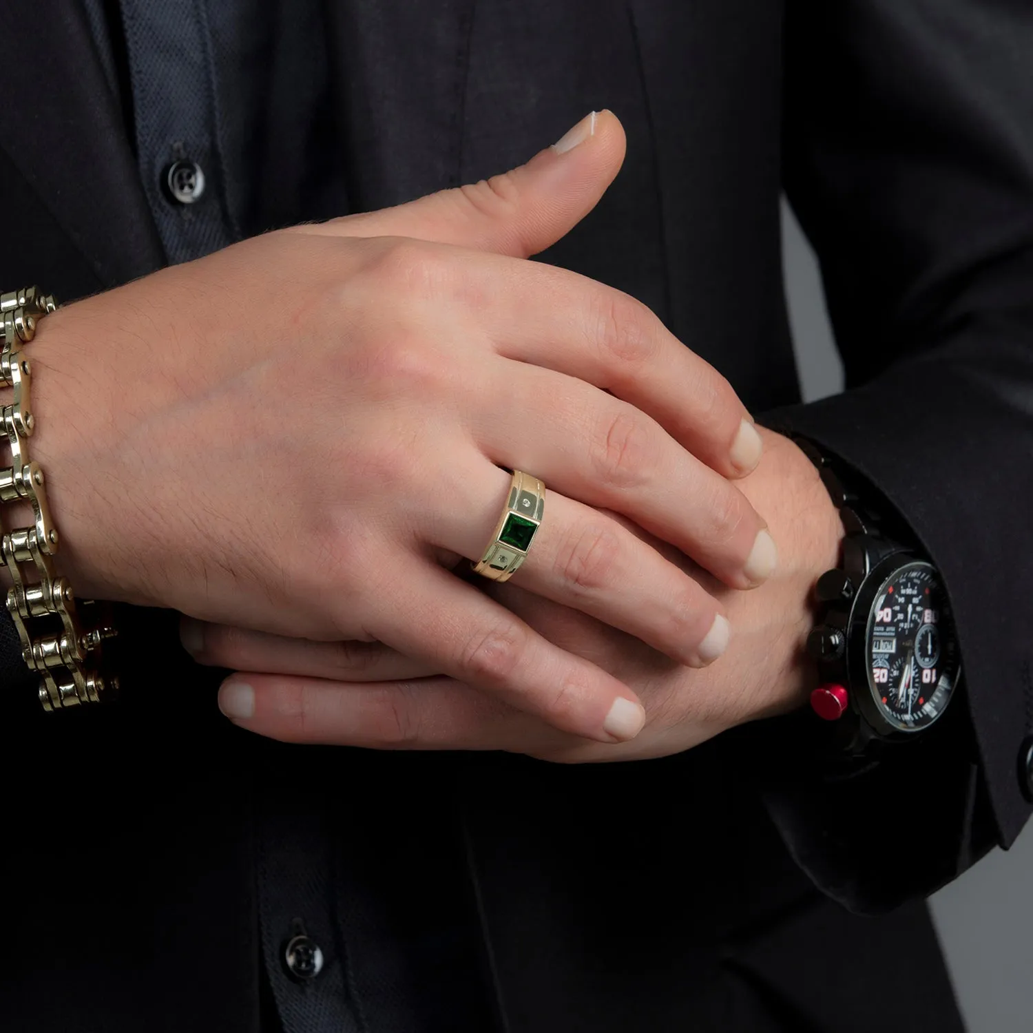 Male Gold Plated Ring 6 mm Square Emerald and 2 Natural Diamonds Classic Luxury Design