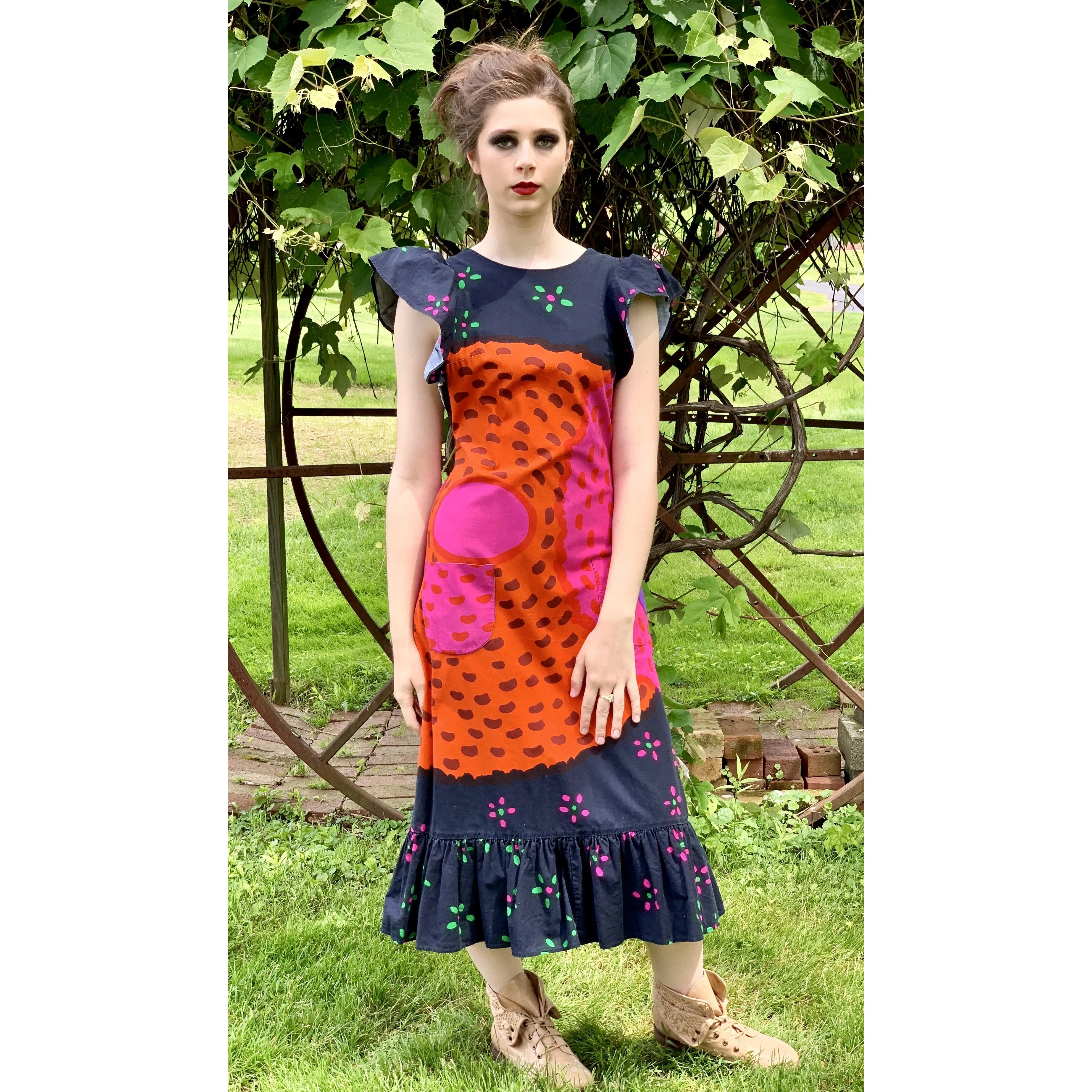 Marimekko ”Semiramis” by Katsuji Wakisaka Vintage Pinafore Dress S Vintage 1975 1970s