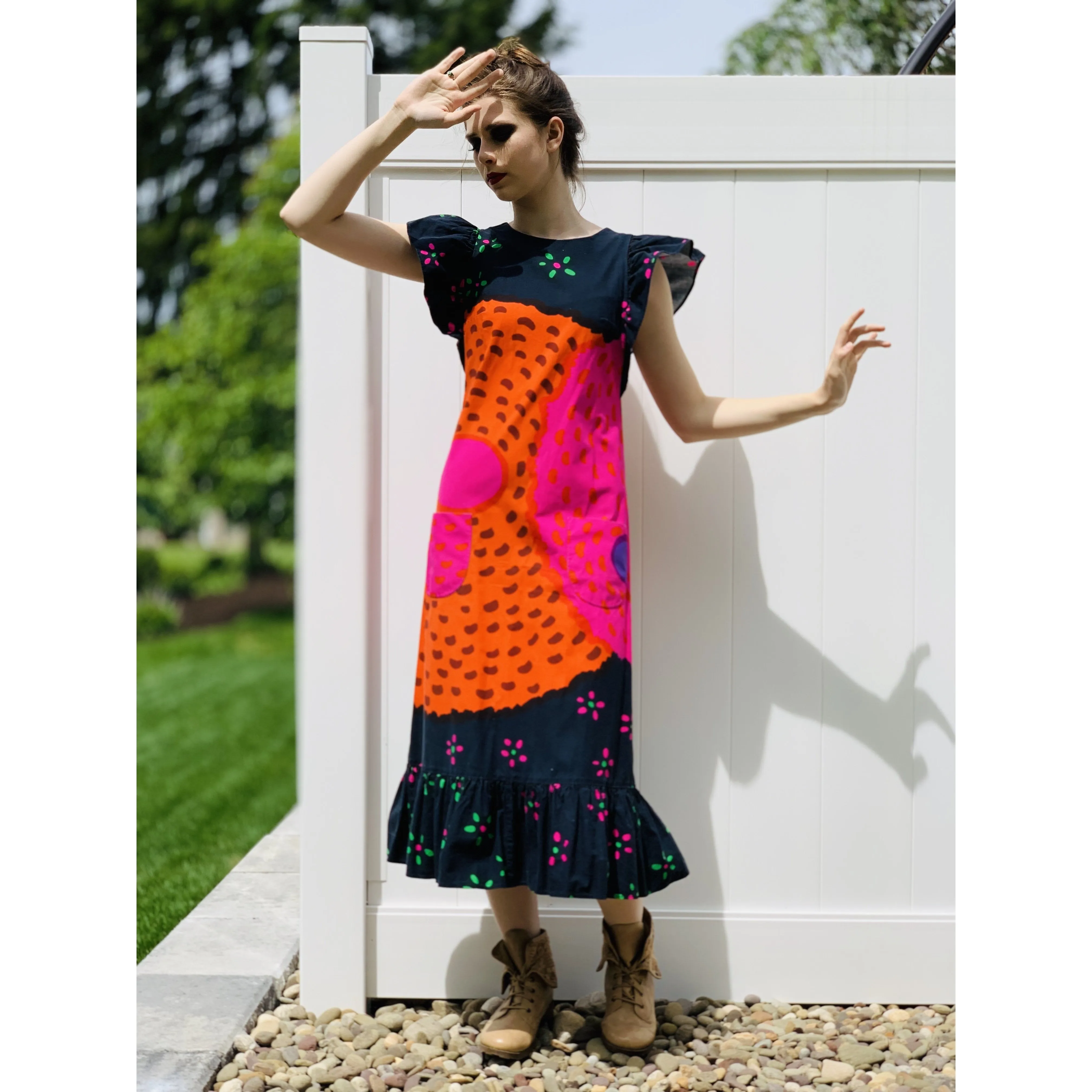Marimekko ”Semiramis” by Katsuji Wakisaka Vintage Pinafore Dress S Vintage 1975 1970s