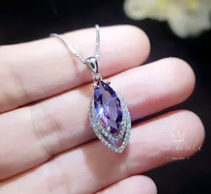 Marquise Amethyst Necklace Sterling Silver - White Gold Coated Double Diamond Halo -  Large 3 CT Created Amethyst Pendant Diamond Leaf