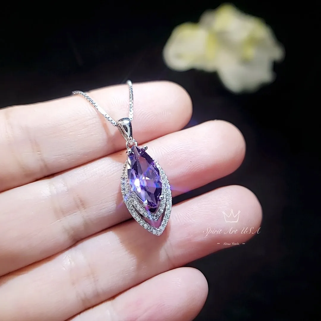 Marquise Amethyst Necklace Sterling Silver - White Gold Coated Double Diamond Halo -  Large 3 CT Created Amethyst Pendant Diamond Leaf