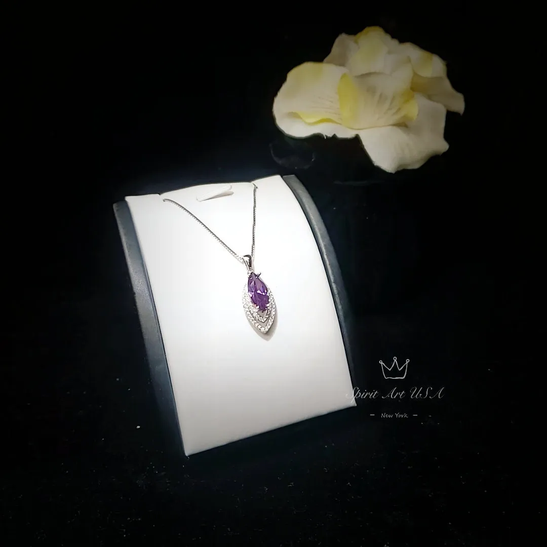 Marquise Amethyst Necklace Sterling Silver - White Gold Coated Double Diamond Halo -  Large 3 CT Created Amethyst Pendant Diamond Leaf