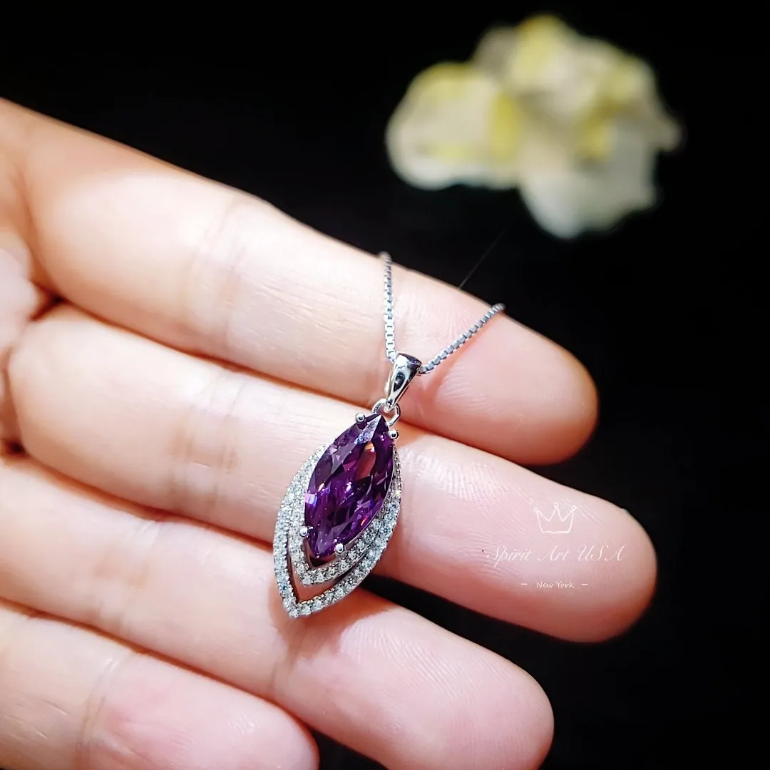 Marquise Amethyst Necklace Sterling Silver - White Gold Coated Double Diamond Halo -  Large 3 CT Created Amethyst Pendant Diamond Leaf