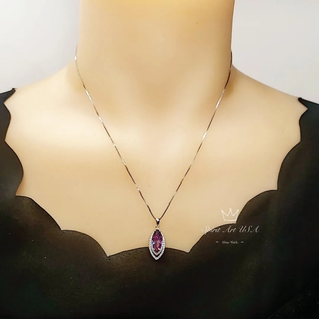 Marquise Amethyst Necklace Sterling Silver - White Gold Coated Double Diamond Halo -  Large 3 CT Created Amethyst Pendant Diamond Leaf