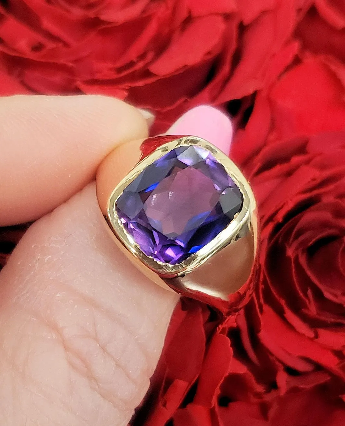 Mens 14k Yellow Gold Purple Amethyst 11x9mm Rectangle Ring