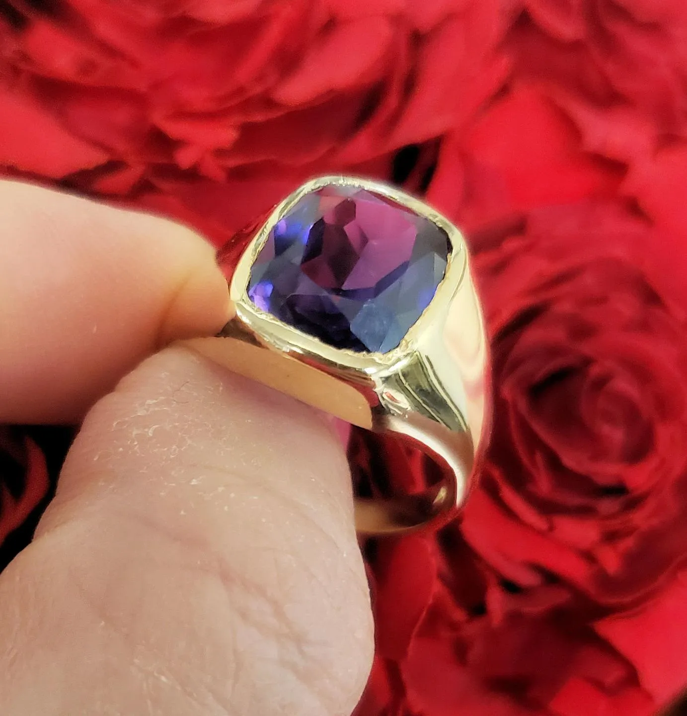 Mens 14k Yellow Gold Purple Amethyst 11x9mm Rectangle Ring