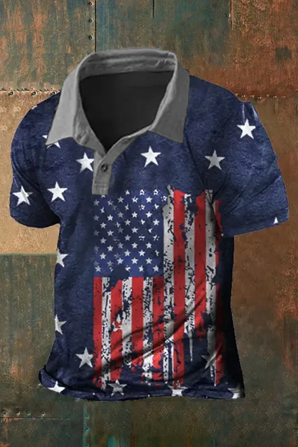 Men's Flag Usa Print Casual Polo Shirt