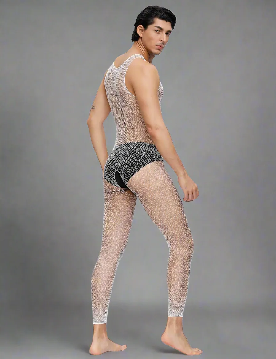 Men's Sheer White Fishnet Bodystocking by Scandals