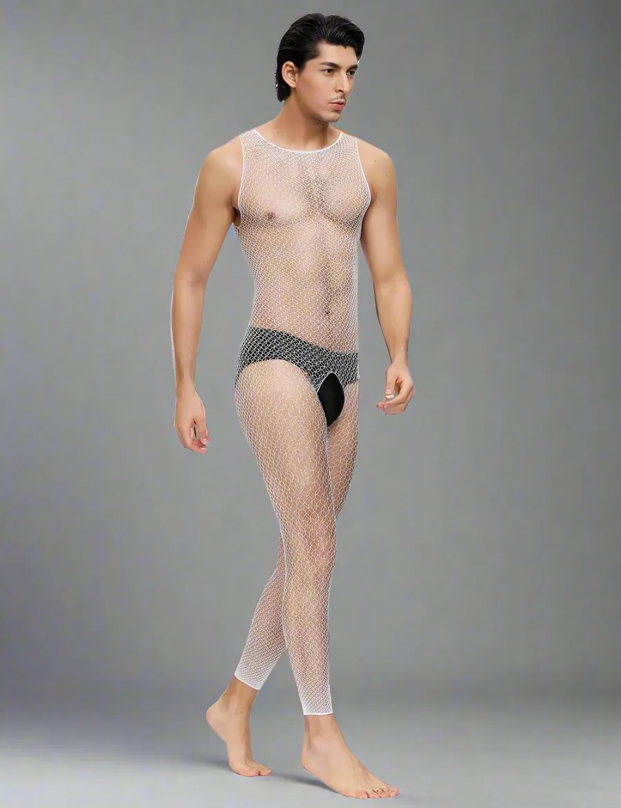 Men's Sheer White Fishnet Bodystocking by Scandals