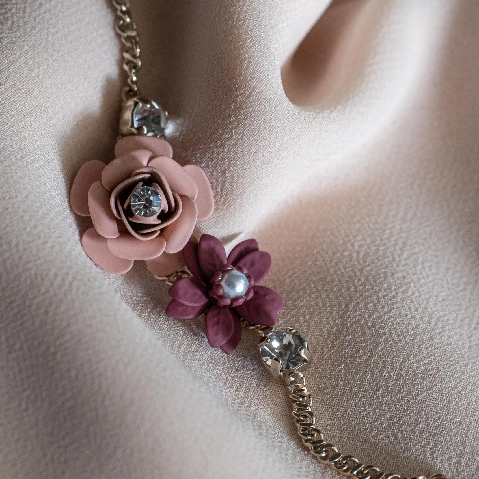 Murano Pink Sunset Camellia Double Color Adjustable Bracelet with Crystals  - Silk Effect