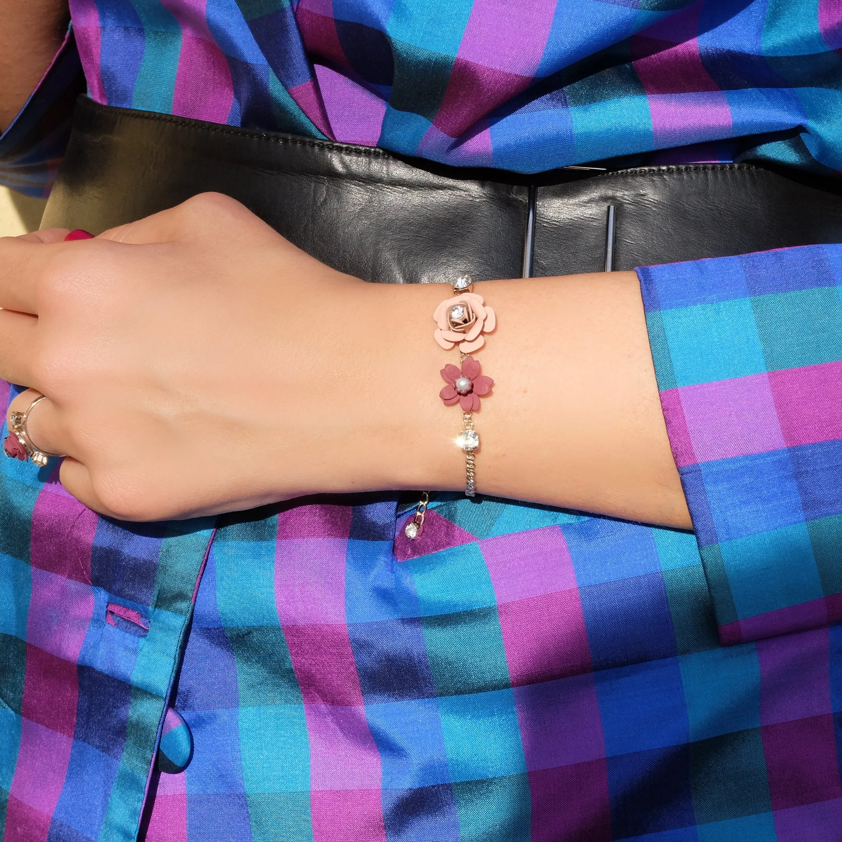 Murano Pink Sunset Camellia Double Color Adjustable Bracelet with Crystals  - Silk Effect