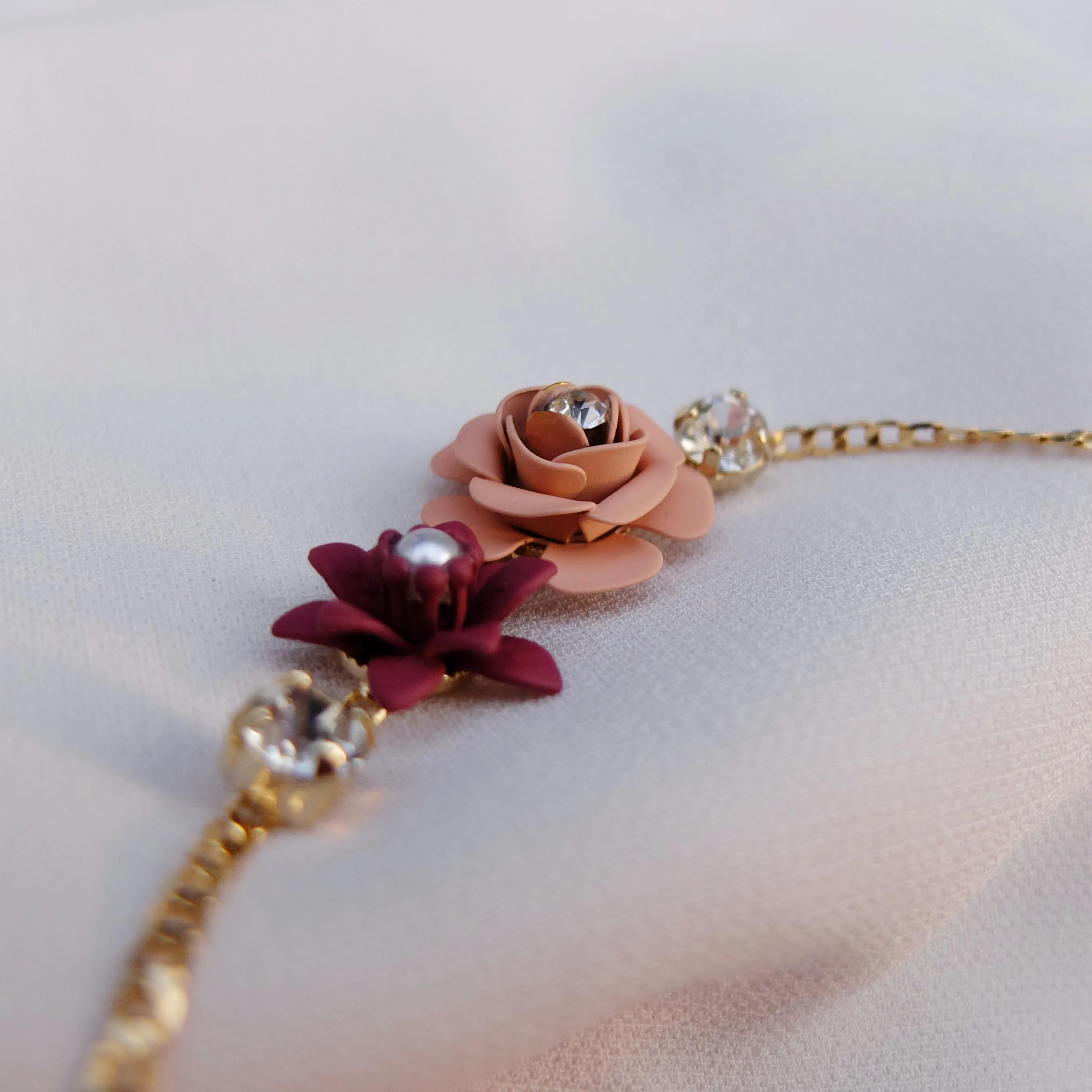 Murano Pink Sunset Camellia Double Color Adjustable Bracelet with Crystals  - Silk Effect