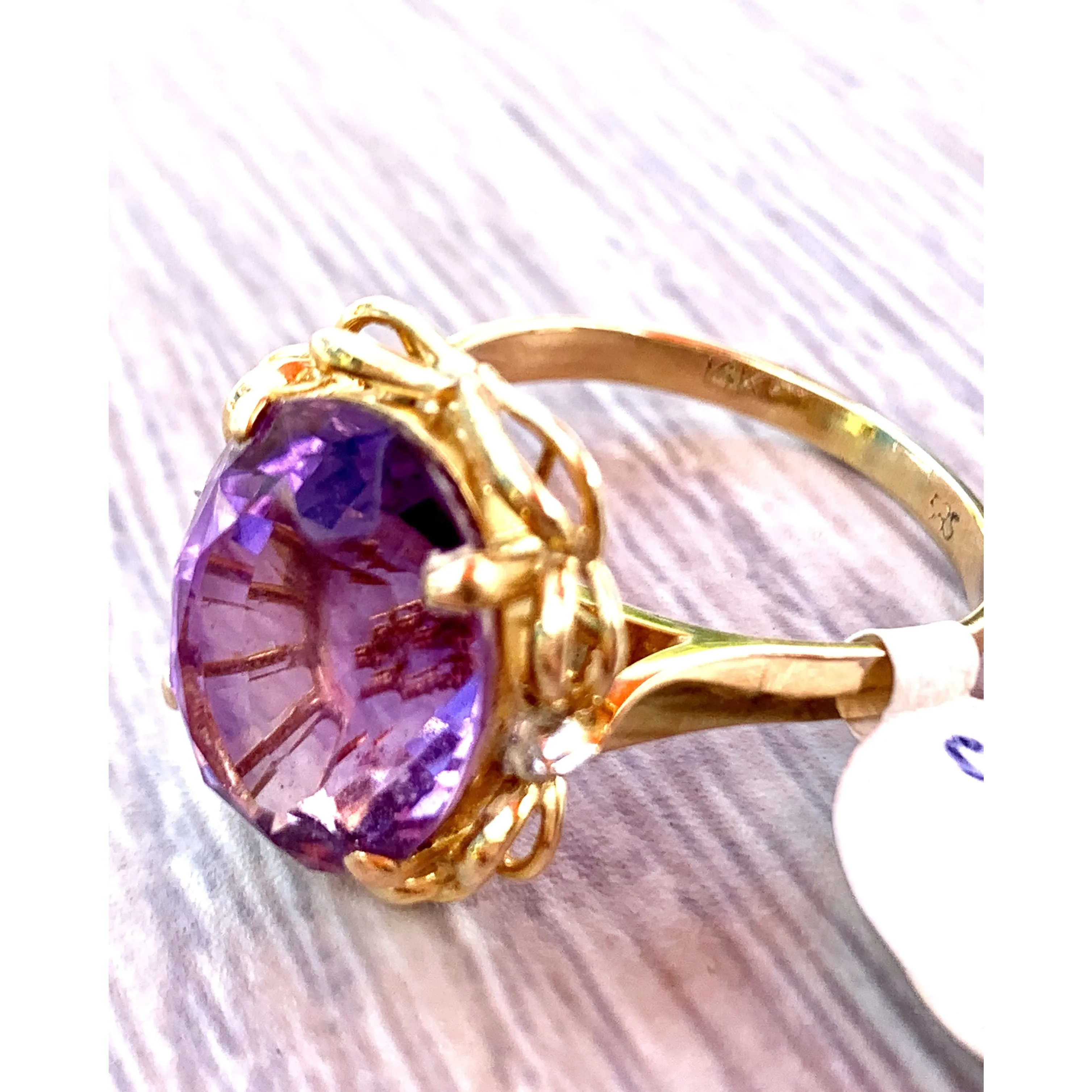 Natural Amethyst Diamonds 14KT Gold Statement Ring Ladies sz 10 1960s Vintage