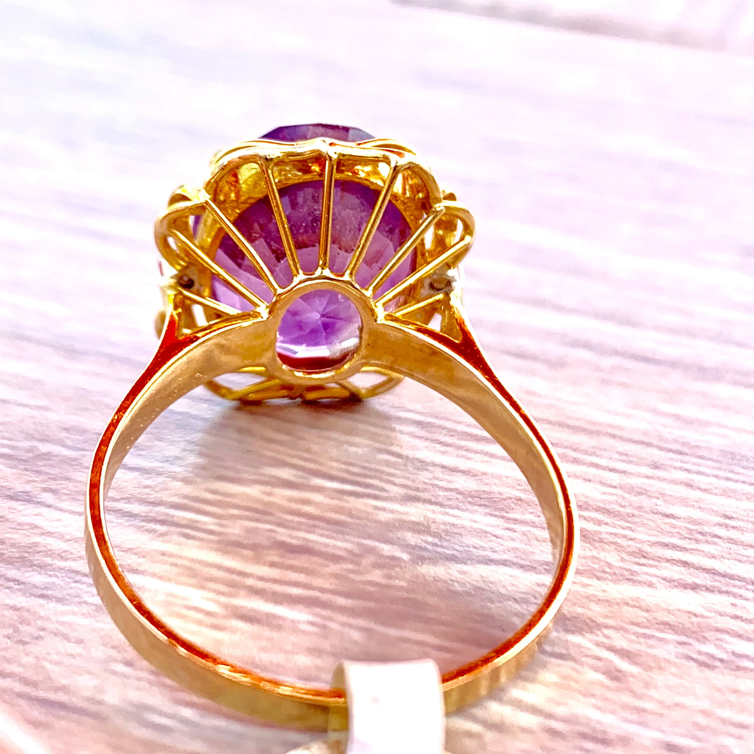 Natural Amethyst Diamonds 14KT Gold Statement Ring Ladies sz 10 1960s Vintage