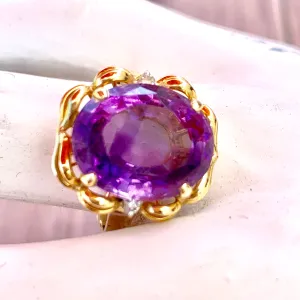 Natural Amethyst Diamonds 14KT Gold Statement Ring Ladies sz 10 1960s Vintage