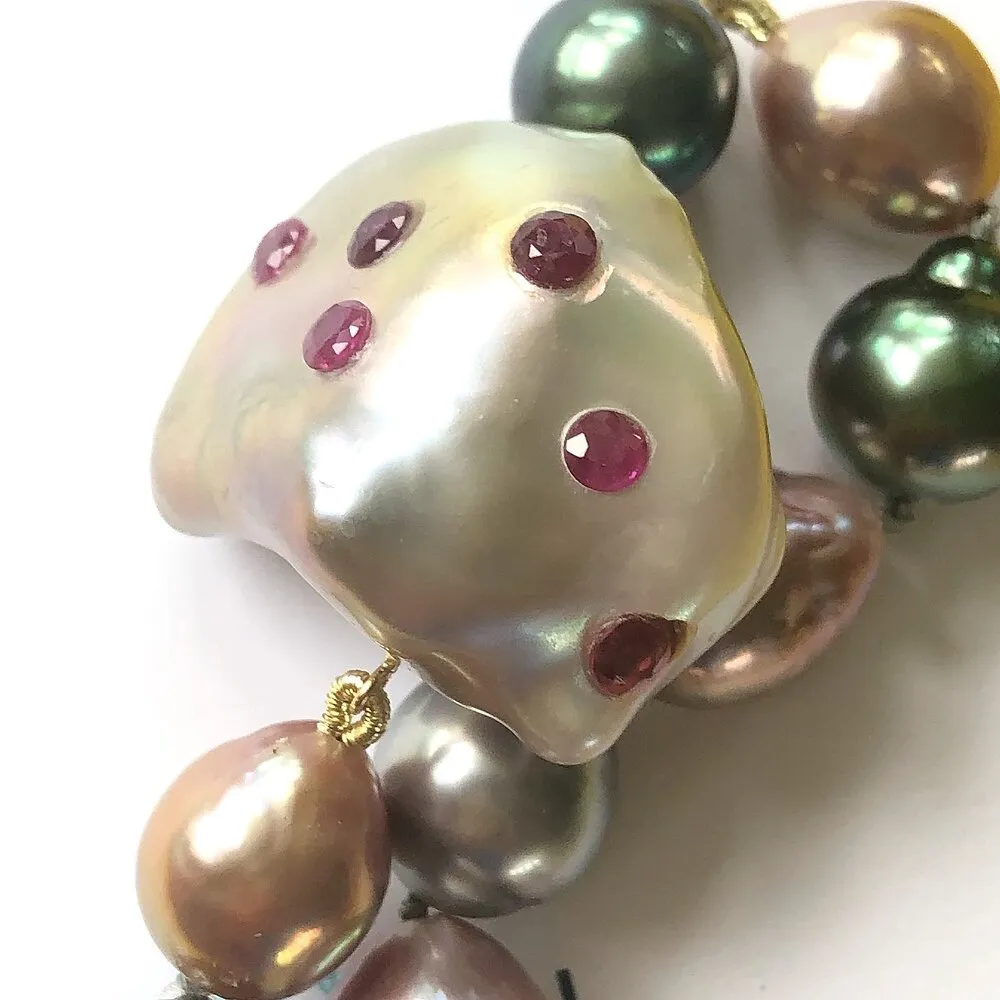 Natural Color South Sea & Freshwater Pearl Necklace with a Pink Freshwater & Ruby Gemstone Pearl Clasp