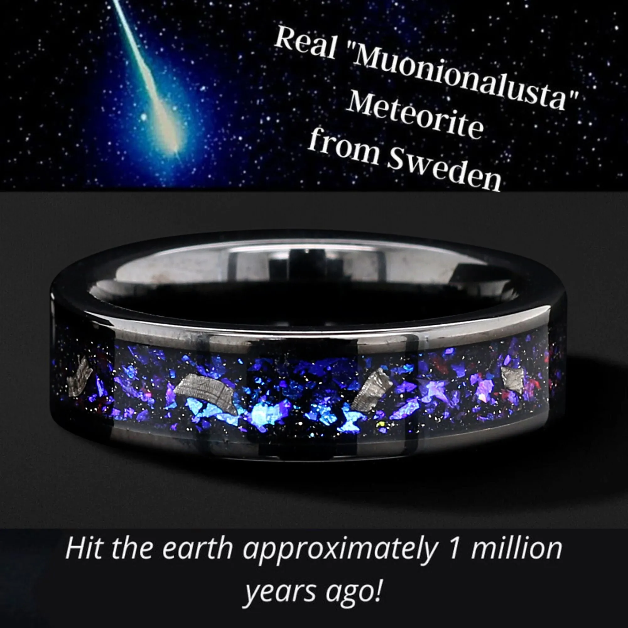NEBULA Unique Engagement Wedding Rings Set | Natural Meteorite and Opal | Tungsten Wedding Bands for Him & Her