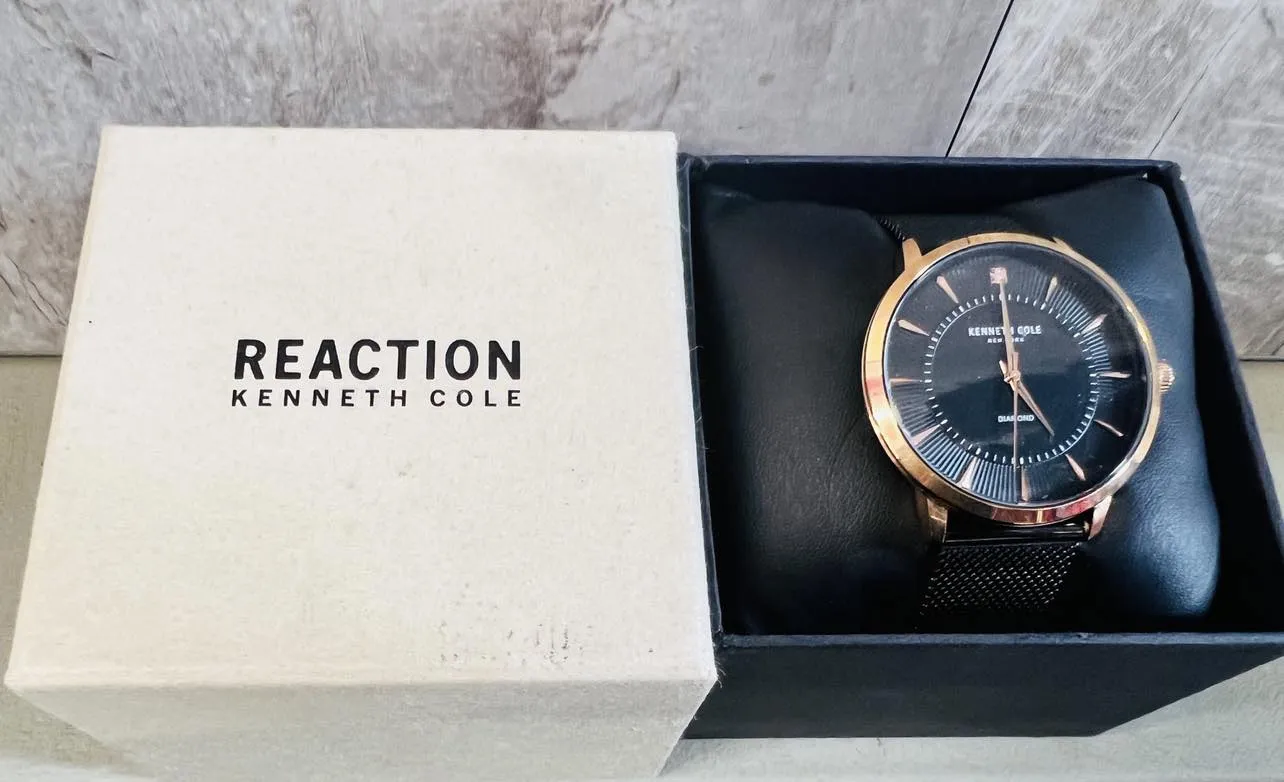 New Kenneth Cole Men's 43mm New York Diamond Black Face Gold Dial Watch, needs battery! Retails $229 