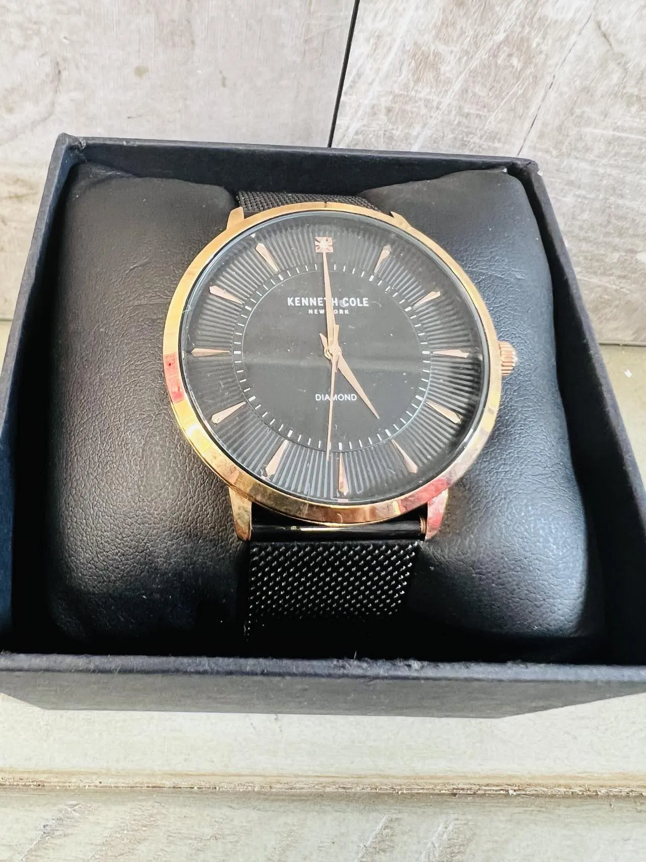 New Kenneth Cole Men's 43mm New York Diamond Black Face Gold Dial Watch, needs battery! Retails $229 