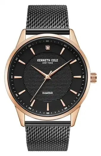 New Kenneth Cole Men's 43mm New York Diamond Black Face Gold Dial Watch, needs battery! Retails $229 