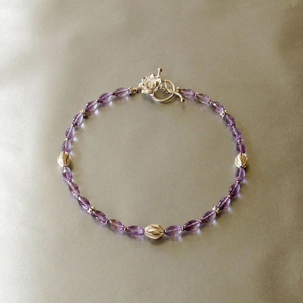 One of a Kind Handcrafted Necklace with Faceted Amethyst and 999 Fine Silver Fauna Accents & Flower Toggle Clasp