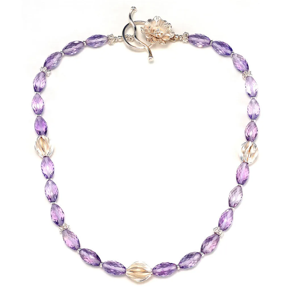One of a Kind Handcrafted Necklace with Faceted Amethyst and 999 Fine Silver Fauna Accents & Flower Toggle Clasp