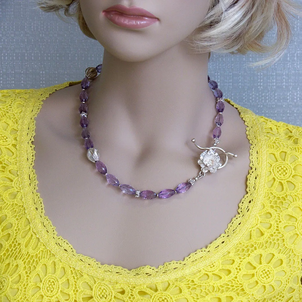 One of a Kind Handcrafted Necklace with Faceted Amethyst and 999 Fine Silver Fauna Accents & Flower Toggle Clasp