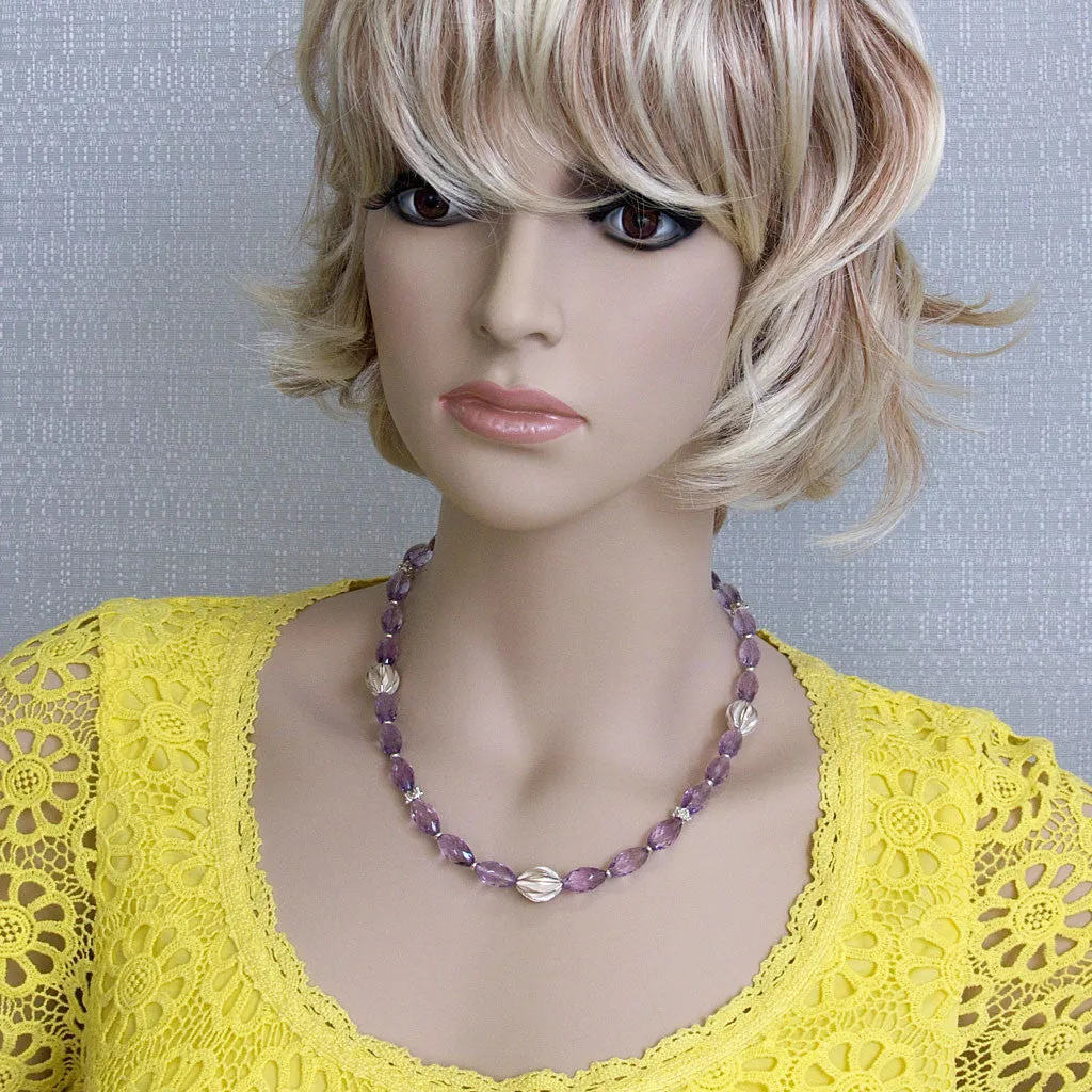 One of a Kind Handcrafted Necklace with Faceted Amethyst and 999 Fine Silver Fauna Accents & Flower Toggle Clasp