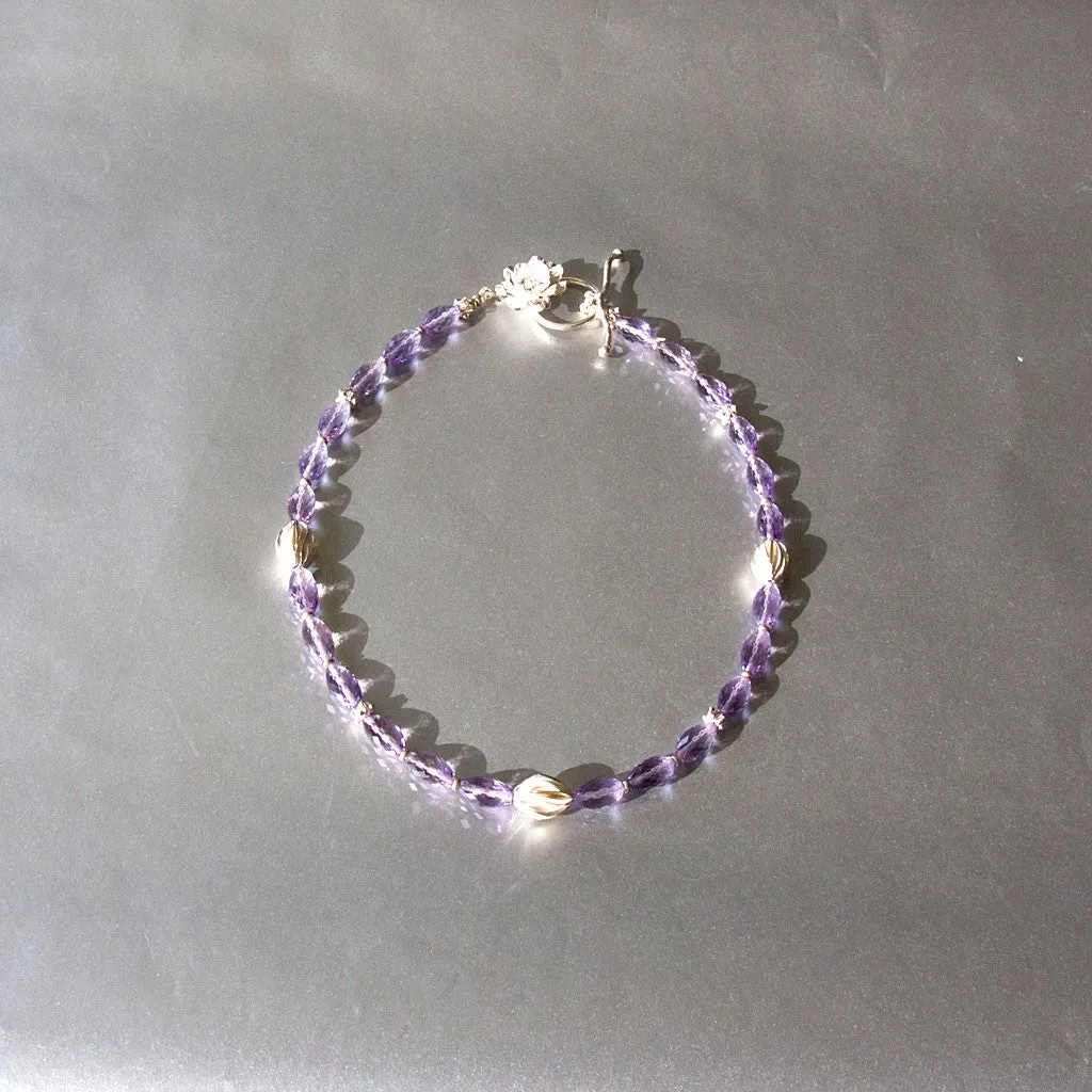 One of a Kind Handcrafted Necklace with Faceted Amethyst and 999 Fine Silver Fauna Accents & Flower Toggle Clasp
