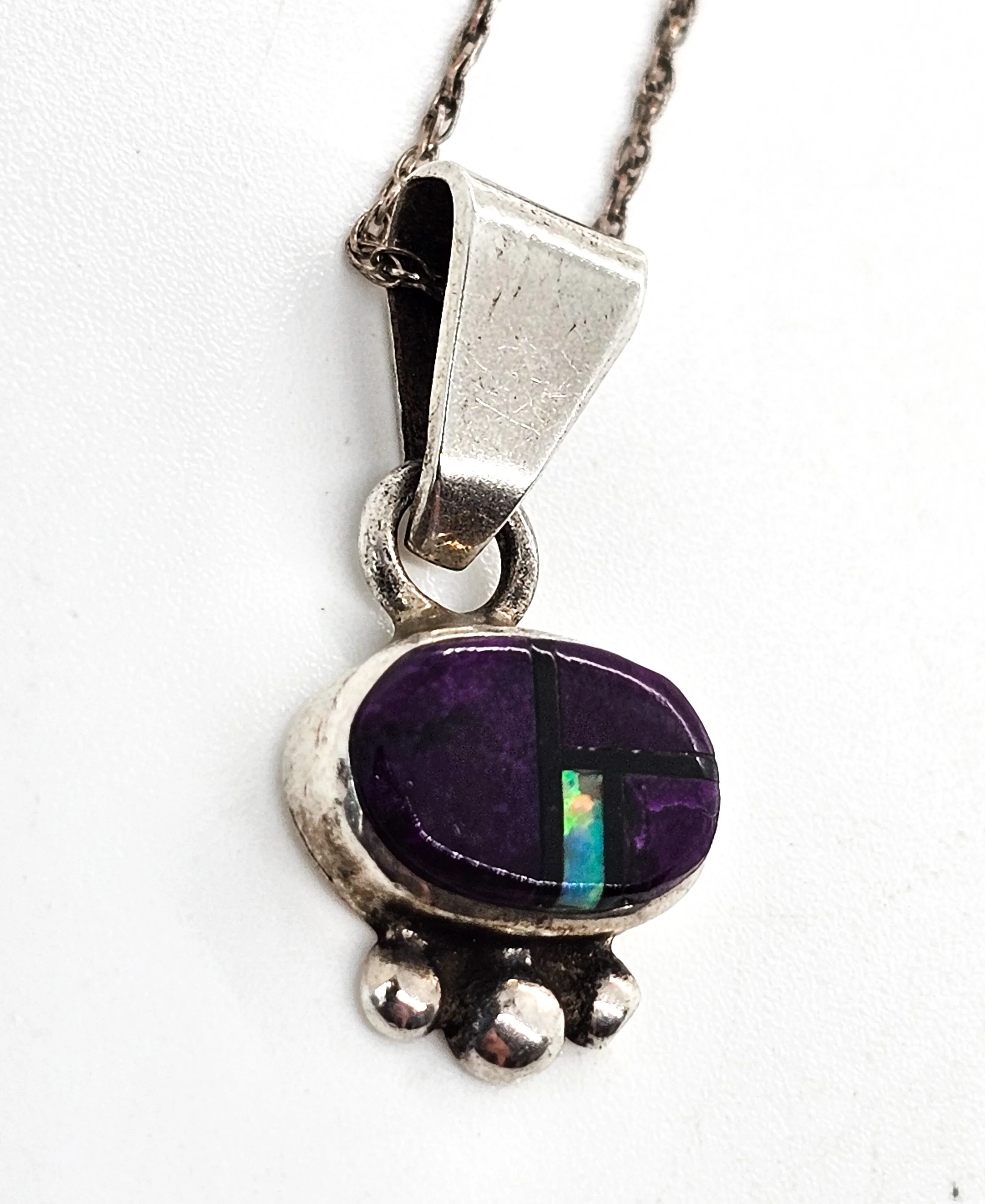Opal, Onyx and purple Charoite gemstone inlay vintage sterling silver necklace