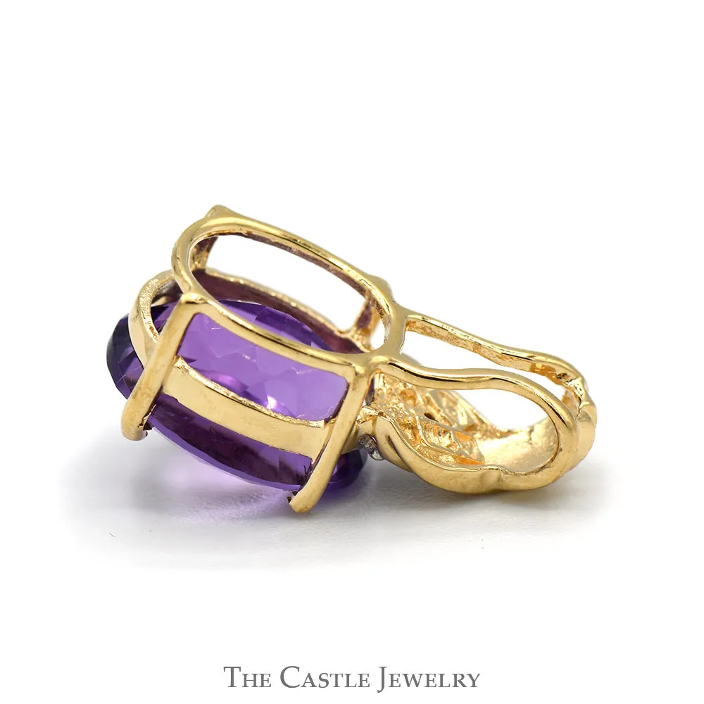 Oval Amethyst Pendant with Diamond Accents in Twisted 10k Yellow Gold Setting
