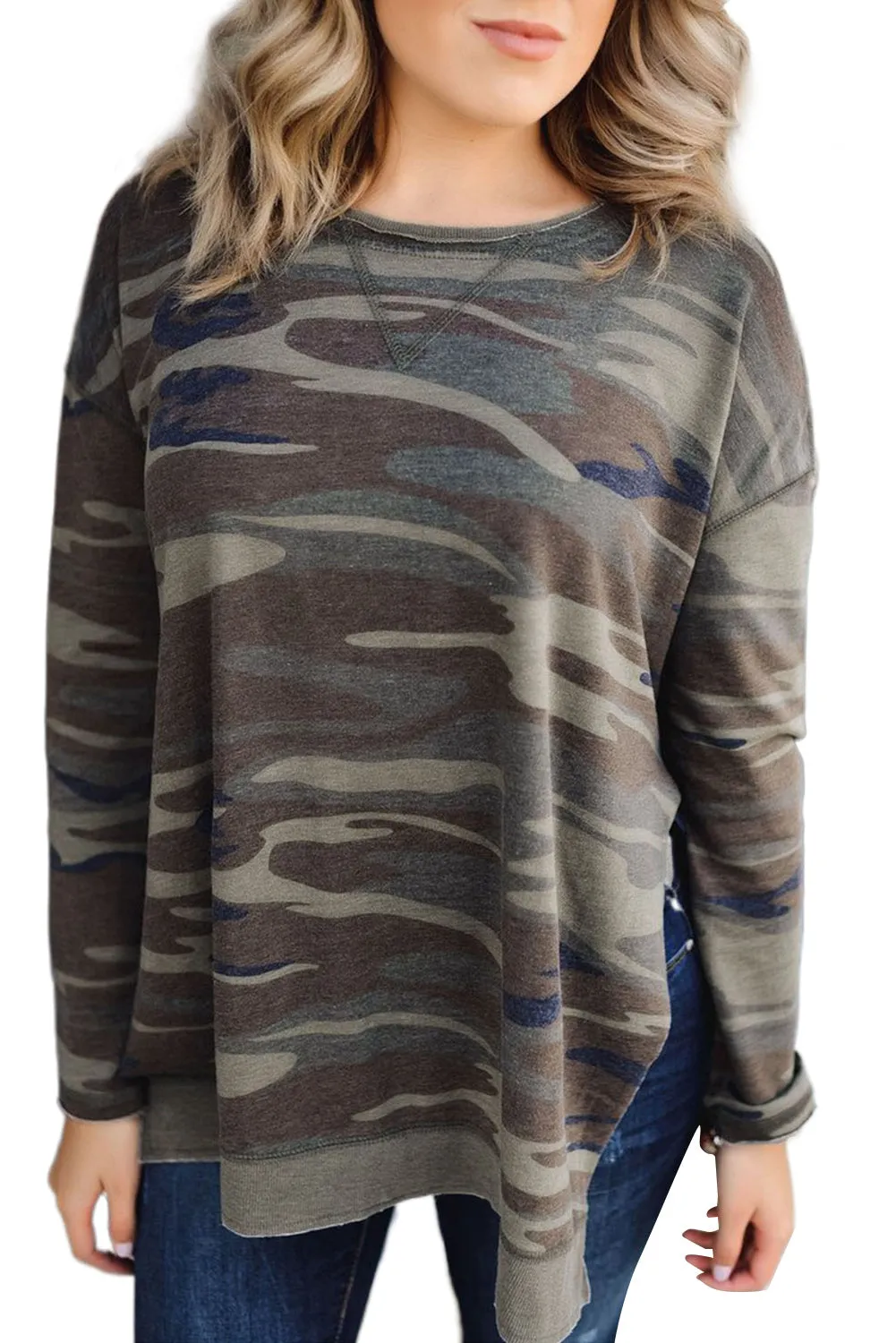 Oversize Camo Print Side Slits Hi-lo Hemline Sweatshirt