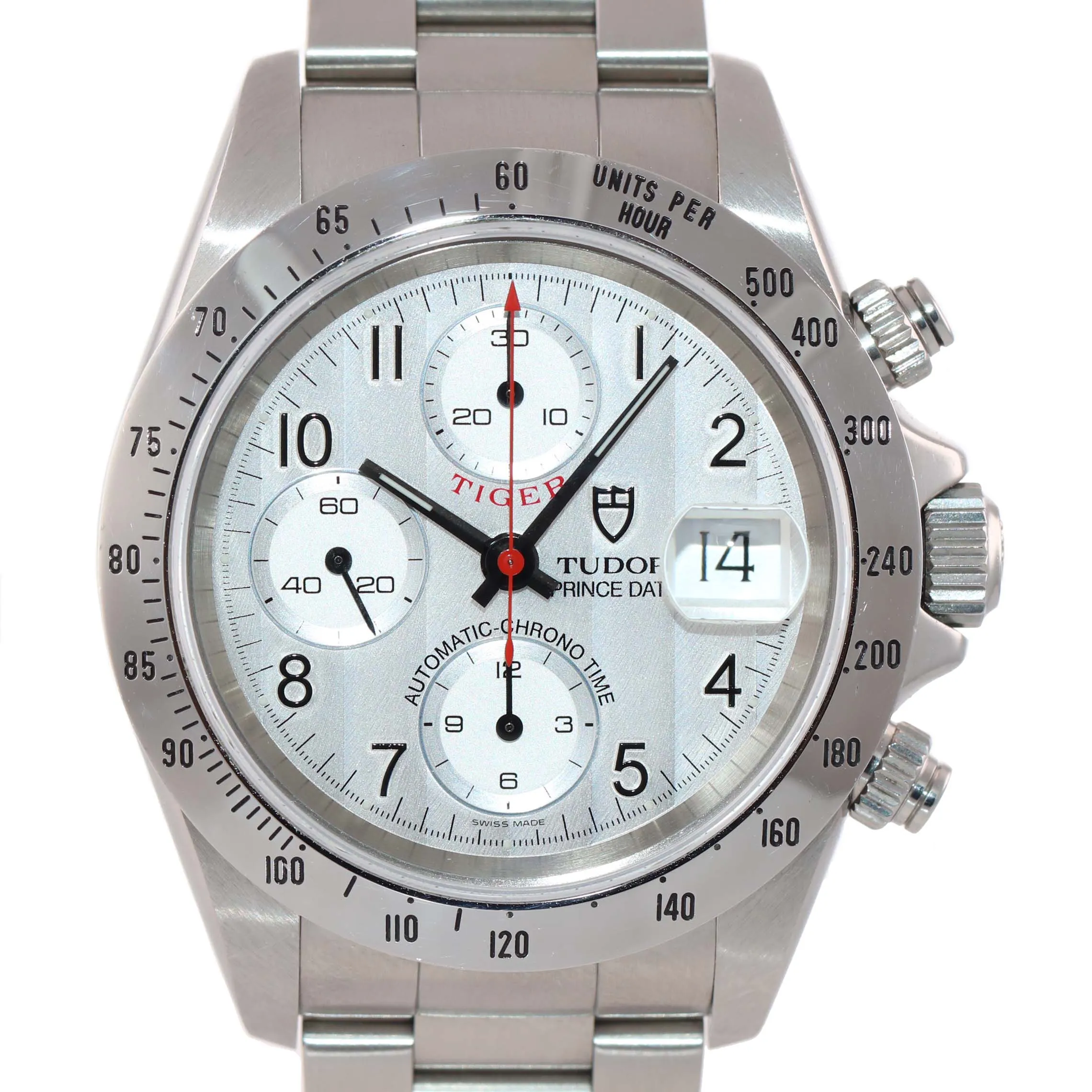 PAPERS Tudor Prince Date 79280 Guilloche Silver Arabic Dial Chrono Watch Box