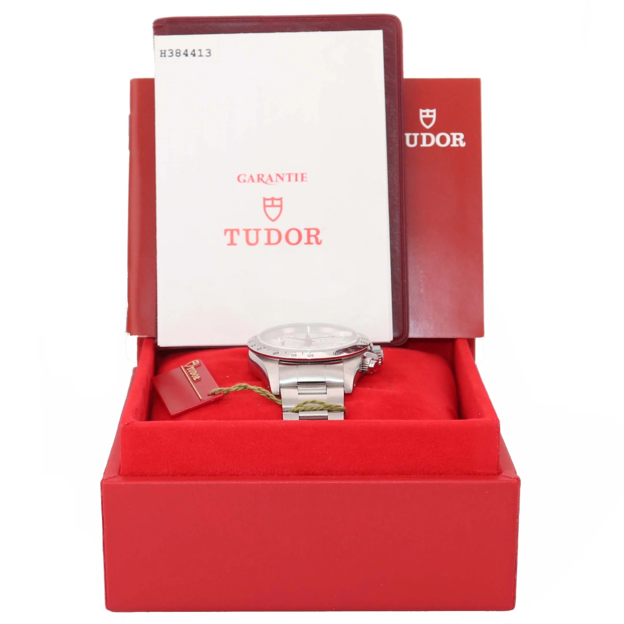 PAPERS Tudor Prince Date 79280 Guilloche Silver Arabic Dial Chrono Watch Box