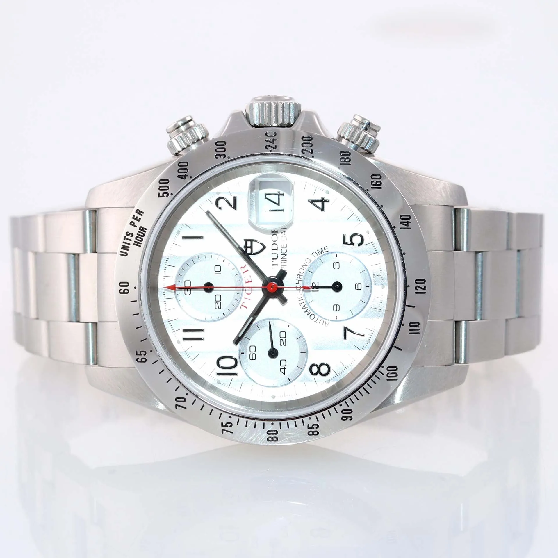 PAPERS Tudor Prince Date 79280 Guilloche Silver Arabic Dial Chrono Watch Box