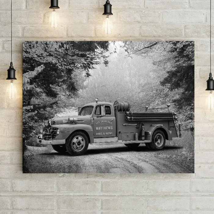 Personalized Vintage Fire Truck Wall Art Canvas, Custom Door Lettering