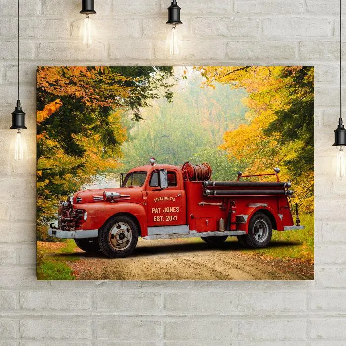 Personalized Vintage Fire Truck Wall Art Canvas, Custom Door Lettering