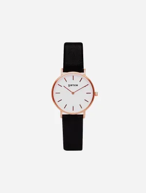Petite Watch with Rose Gold & White Dial | Black Vegan Leather Strap