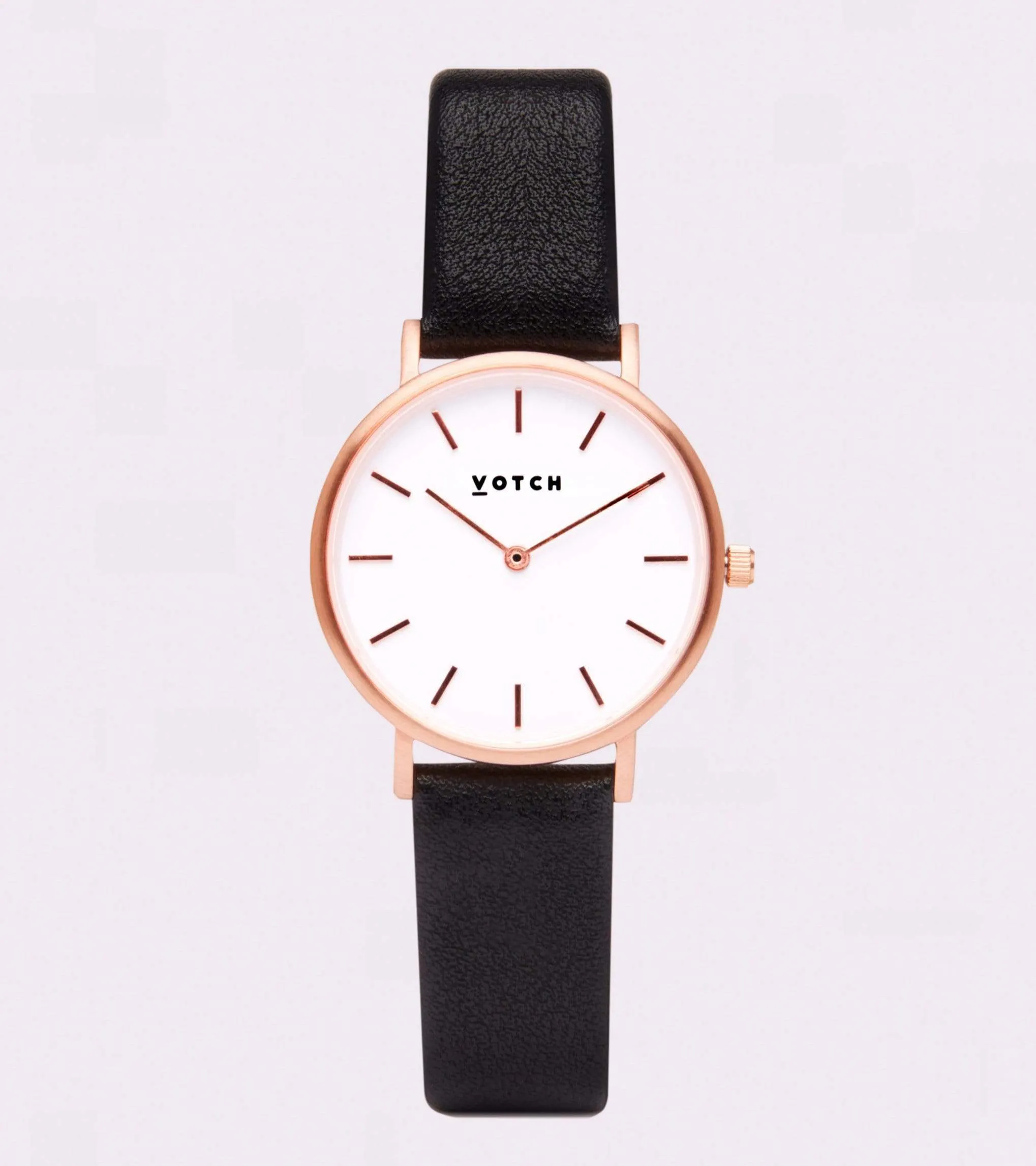Petite Watch with Rose Gold & White Dial | Black Vegan Leather Strap