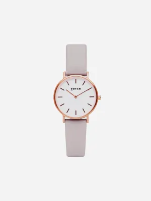 Petite Watch with Rose Gold & White Dial | Light Grey Vegan Leather Strap