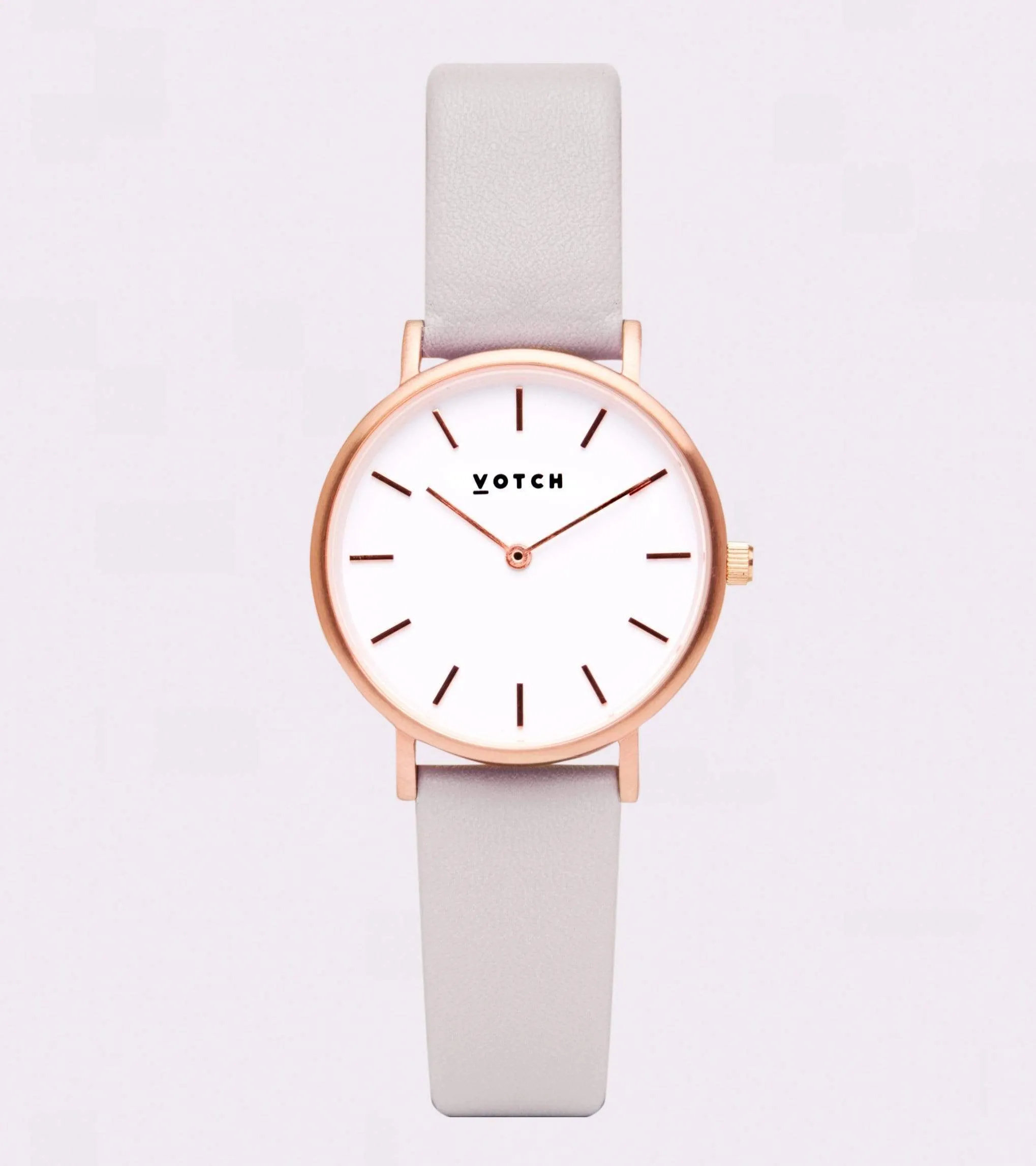 Petite Watch with Rose Gold & White Dial | Light Grey Vegan Leather Strap