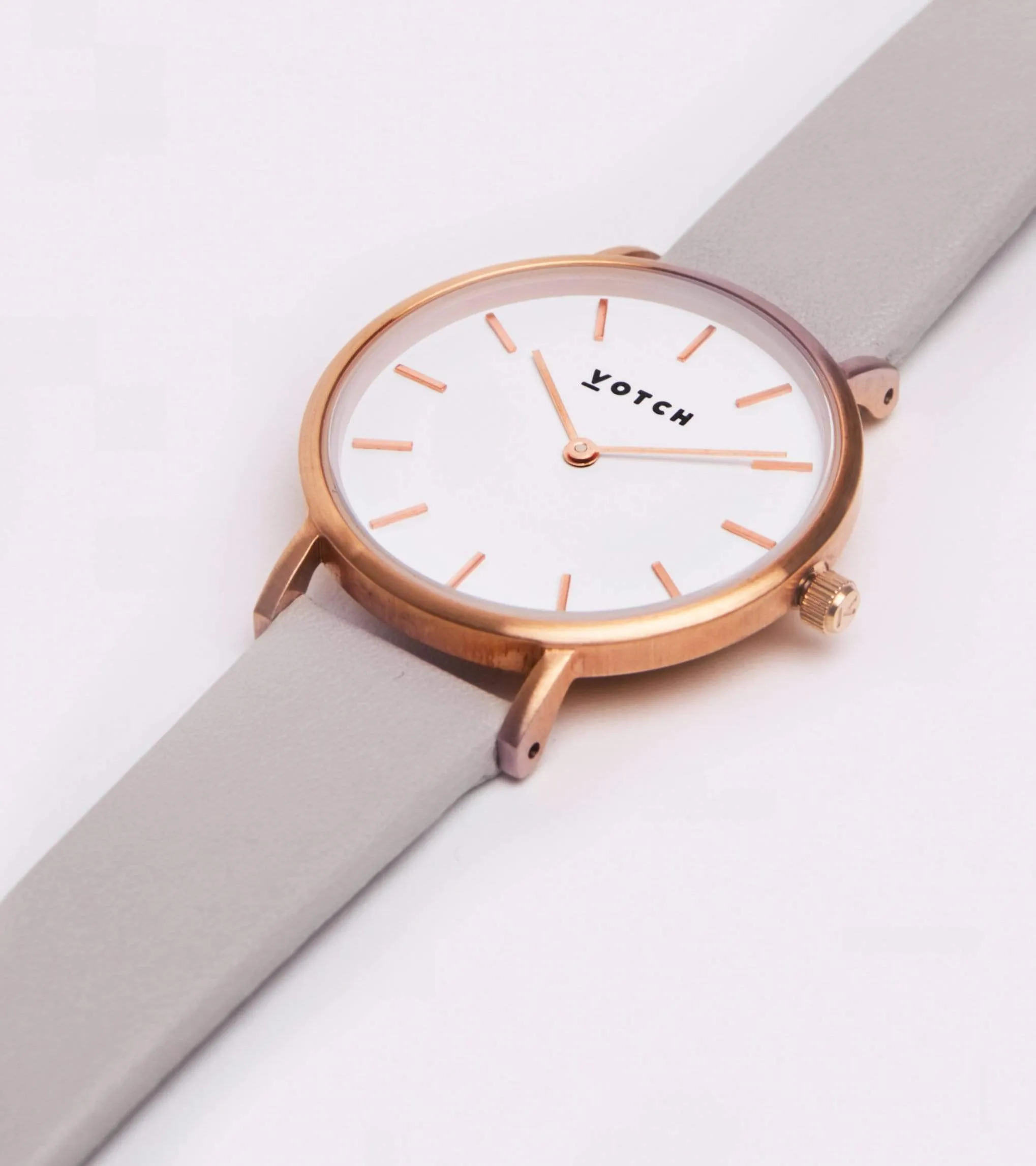 Petite Watch with Rose Gold & White Dial | Light Grey Vegan Leather Strap