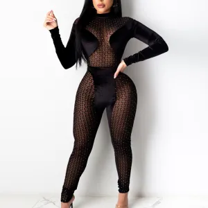 Plaid Sheer Mesh Patchwork Long Sleeve Jumpsuit