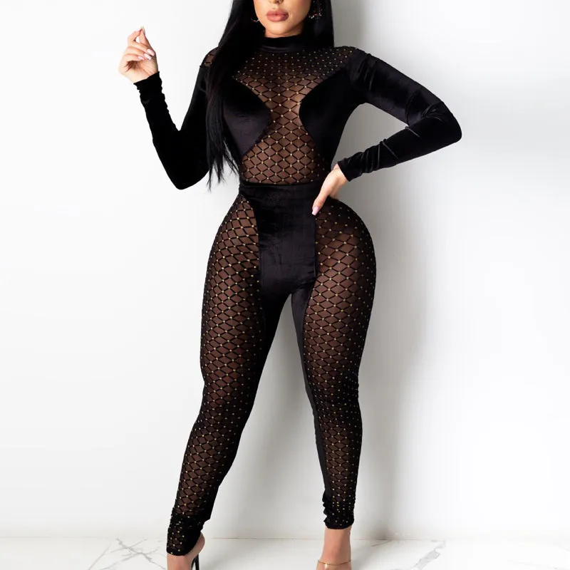 Plaid Sheer Mesh Patchwork Long Sleeve Jumpsuit