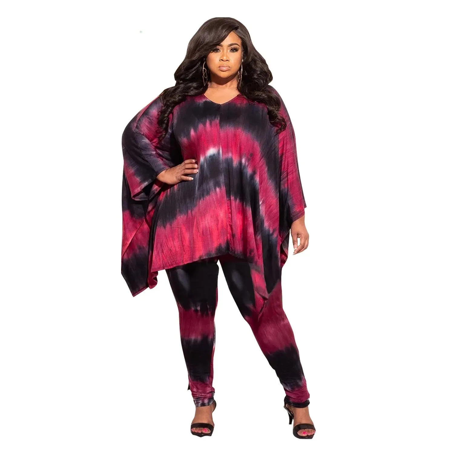 Plus Size Two Piece Pant Sets for Women Tie Dye Leopard Camouflage Pirnt Long Sleeve Top and Pant Suits