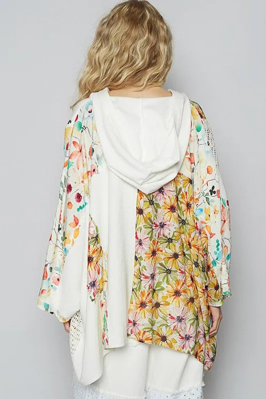 POL Crochet Patch Lace Detail Button Detail Floral Hooded Top