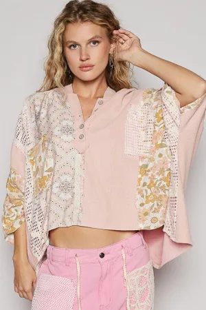 POL Crochet Patch Lace Detail Button Detail Floral Hooded Top